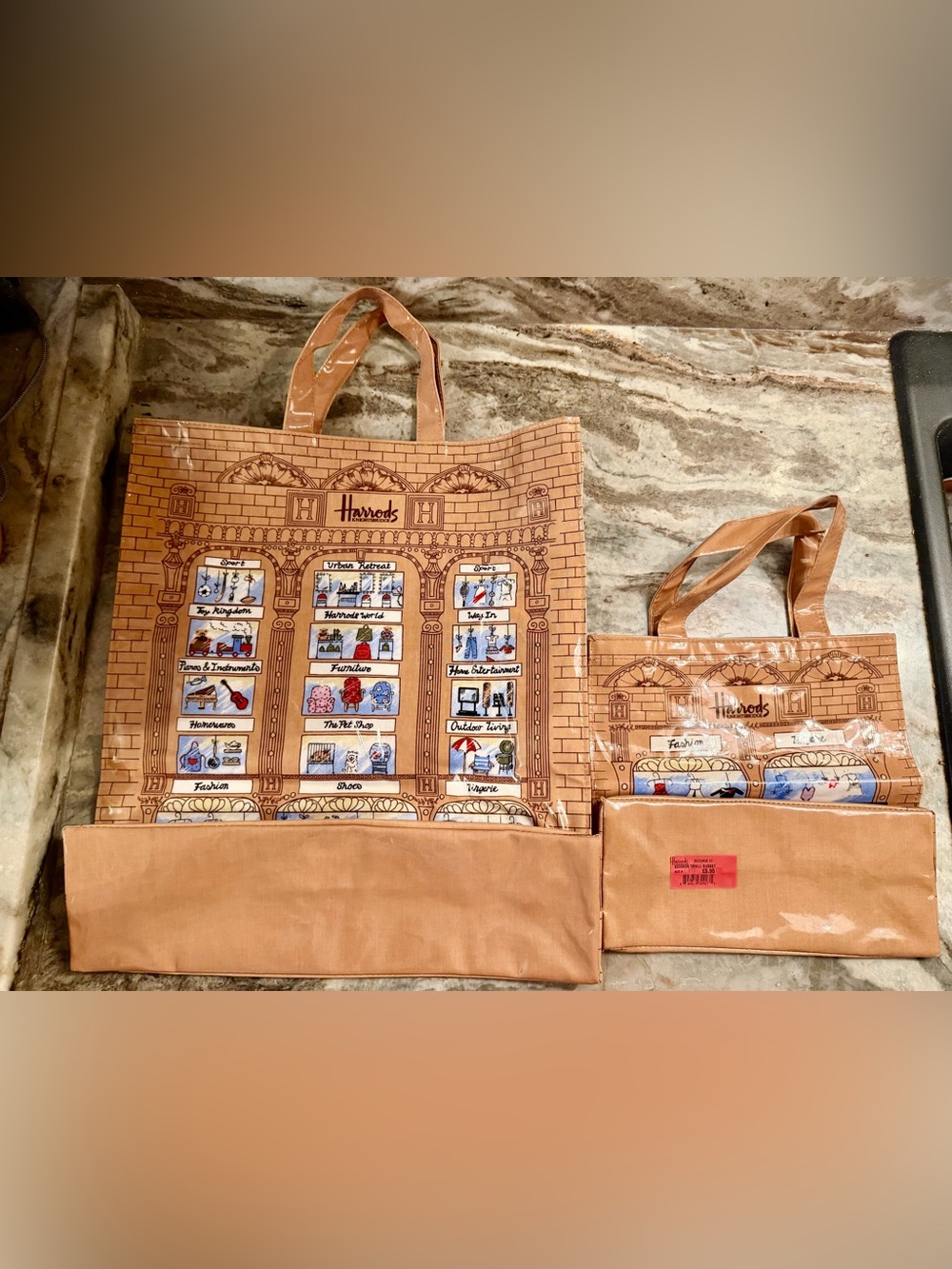 Vintage Harrods Brown/Tan Illustrated Shopper Tote Set